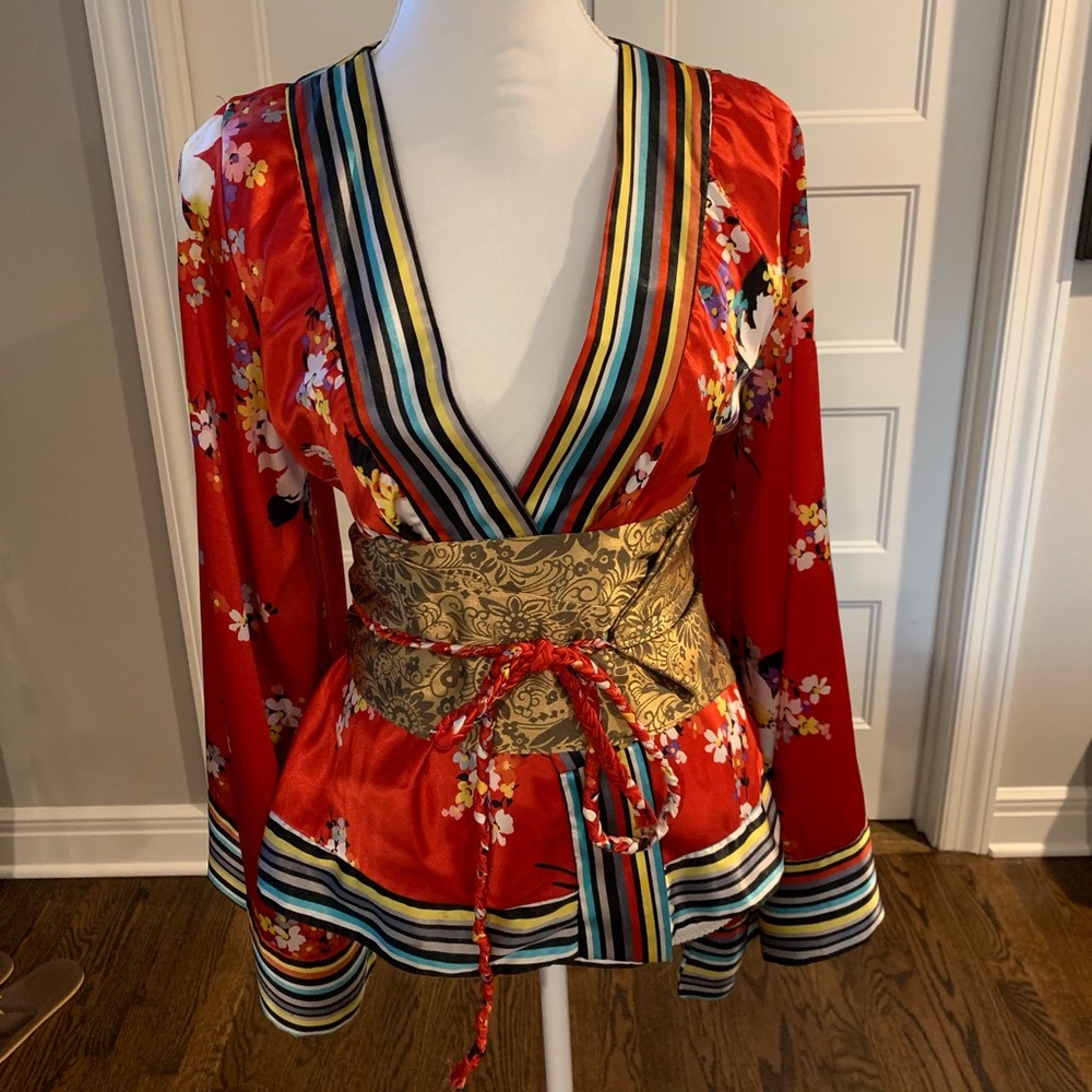 Fun red satin kimono wrap top
